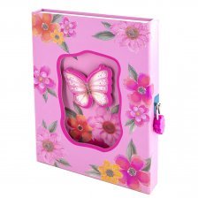 Подарочный блокнот в футляре, 15,5 см * 21 см, гребень, Alingar, мат.ламин, глиттер, замочек, линия, 60 л., "Бабочки среди цветов", розовый