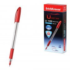 Ручка шариковая Erich Krause "U-109 Stick&Grip Classic", 1.0 мм, красная, трёхгран., прозрач. пластик. корпус, резин. грип, карт. упак.