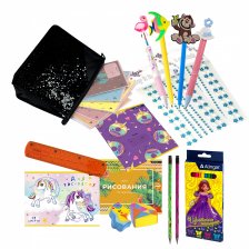 Набор канцелярии для девочки Alingar, "Black", 35 предметов, папка с пайетками на молнии, т/у пленка
