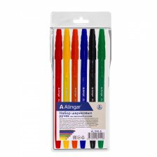 Набор шариковых ручек Alingar, 6 цветов,1,0 мм, пулев.након,на маслян. основе, рифлён. держатель, шестигран. цвет. пластик. корпус, ПВХ чехол, европод