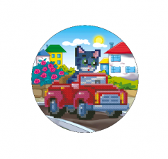 Алмазная мозаика круглая  Рыжий кот, без подрамника, на картоне, с частичным заполнением, (блест.), д.18 см, 19 цветов, "Котик на машине"