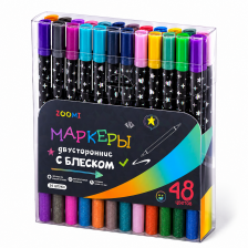 Маркеры двусторонние с блестками, ZOOMI, 24 шт/48 цветов, наконечник кисть, на водной основе, корпус круглый, ПВХ пенал, европодвес
