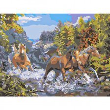 Картина по номерам Рыжий кот, 40х50 см, с акриловыми красками, холст, "Табун лошадей в горах"