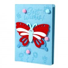 Подарочный блокнот А5, 7БЦ, Alingar, фетр, аппликация, линия, 96 л, "Бабочка с помпонами", голубой