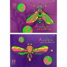 Альбом для рисования А4 20л., Проф-Пресс, скрепка,целюлозный картон обложка, тиснение лён, блок офсет, 100г/м2, "Разноцветное насекомое", 2 дизайна