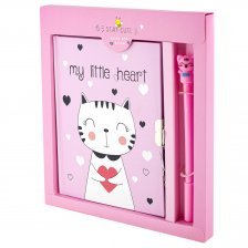 Подарочный блокнот в футляре, 20 см * 22,5 см, 7БЦ, Alingar, мат. ламинация, ручка, замочек, линия, 50 л., "Мяу", розовый