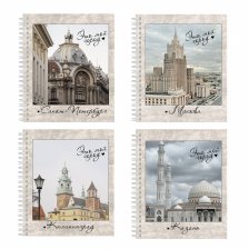 Тетрадь А5 48л., клетка, Alingar, гребень, блок офсет, мелованный картон (стандарт), "Города России", 4 дизайна в пленке т/у