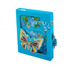 Подарочный блокнот в футляре 13,0 см * 17,0 см , 7БЦ, Alingar, ламинация, глиттер, замочек, 50 л., линия, "Бабочки на цветах", голубой