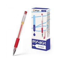 Ручка гелевая Alingar, 0,5 мм, красная, пулевидныйй наконечник, резиновый грип, круглый, прозрачный, пластиковый корпус, 12 шт/уп, карт. уп.