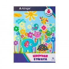 Бумага цветная Alingar, А4, немелованная, односторонняя, 16 листов, 8 цветов, на скрепке, "Слоник и птички"