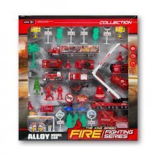 Игровой набор "Пожарная команда", 36 пред, метал.машинки,техник,пласт.дорож.знак,объект. и люди