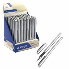 Ручка шариковая Alingar, 0,5 мм, синяя, игольчатый, металлизированный наконечник, резиновый грип, круглый, серебрянный, пластиковый корпус, картон.уп.
