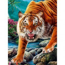 Алмазная мозаика Рыжий кот, c подрамником, с полным заполнением, (блест.), 17х22 см, 18 цветов, "Рычащий тигр в джунглях"