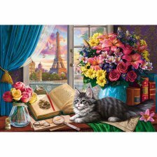 Алмазная мозаика Рыжий кот, с подрамником, с частичным заполнением, (клас.), 40х50 см, 35 цветов, "Котенок и парижский натюрморт"