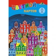 Картон цветной Апплика, А4, 6 листов, 6 цветов, картонная папка, немелованный, "Цветной город"