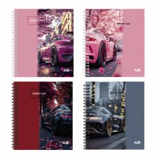 Тетрадь А5 48л., клетка, Alingar, гребень, блок офсет, мелованный картон (стандарт), "Спортивное авто", 4 дизайна в пленке т/у