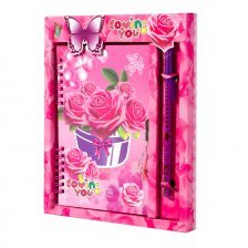 Подарочный блокнот в футляре 20 см * 23 см, гребень, Alingar, ламинация, глиттер, замочек, ручка, 42 л., линия, "Розы в корзине", розовый