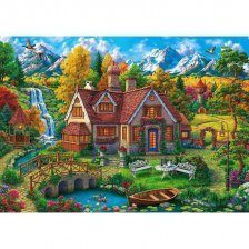 Алмазная мозаика Рыжий кот, без подрамника, с полным заполнением, (клас.), 30х40 см, 27 цветов, "Домик в чудесном месте"