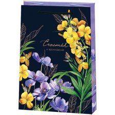 Пакет подарочный бумажный Мир открыток (М) 18*22,7 см, "Цветы на чёрном", ламинация