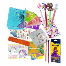 Набор канцелярии для девочки Alingar, "Blue", 35 предметов, папка с пайетками на молнии, т/у пленка