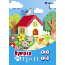 Набор А4-, цветного мелованного  двустор., картона 14 л.,7 цв., и цветной немелов., двусторонней бумаги 8 л.,8 цв., Alingar, на склейке, "Домик"