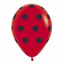 Воздушные шары М12"/30 см Пастель RED (шелк) 5 ст. рис."Горошек черный", 25 шт. шар латекс