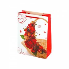 Пакет подарочный бумажный Alingar, (М) 18х24х8,5 см, "Цветочно-фруктовый букет", ламинация, (4 дизайна в коробе)