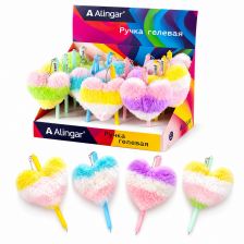 Ручка гелевая Alingar, "Сердечко", 0,5 мм, синяя, подвеска иск. мех, игольчатый наконечник, круглый цветной пластик. корпус, 16 шт/уп, картон. стенд