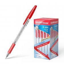 Ручка шариковая Erich Krause "R-301 Classic Stick&Grip", 1.0 мм, красная, метал. наконечник, резин. грип, шестигранный, прозрачный, пластик. корпус