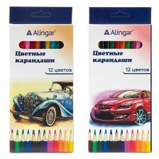 Карандаши цветные Alingar 12 цв., "Автомобили" деревянные, шестигранные, заточенные, грифель 3.0 мм, картон. уп., европод.