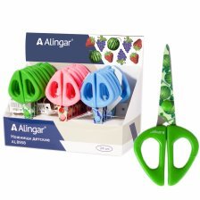 Ножницы детские Alingar, 13 см, пластиковые ручки, принт на лезвии, закругленные концы, "Ягодный микс", три цвета, картонный стенд