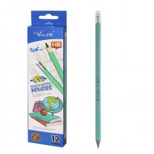 Набор ч/г карандашей, Yalong HB, пластик, с ластиком, шестигранный, заточенный, зеленый корпус, европодвес, в уп. по 12 шт.