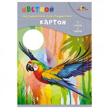 Картон цветной Апплика, А4, 7 листов, 7 цветов, мелованный, двусторонний, картонная папка, "Яркий папугай"