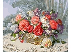 Картина по номерам Рыжий кот, 40х50 см, с акриловыми красками, дерево, "Букет с розами и сиренью"