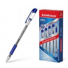 Ручка гелевая Erich Krause "G-Star Classic-", 0,5 мм, синий, метал. наконеч., резиновый грип, прозрачный круглый корпус, картонная упаковка, 12шт