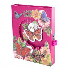 Подарочный блокнот в футляре, 15,5 см * 21 см, гребень, Alingar, мат.ламин, глиттер, замочек, линия, 60 л., "Бабочки в саду", розовый