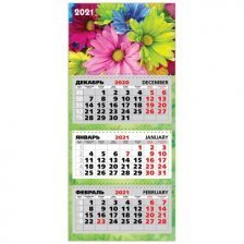Календарь настенный квартальный трехблочный, гребень, ригель, 310 мм * 690 мм, Квадра "Цветы" 2021 г.