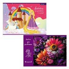 Альбом для рисования А4 12л., Alingar, на скрепке, мелованный картон (стандарт), "Принцессы и цветы"