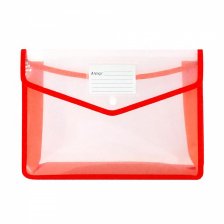 Папка-конверт на кнопке Alingar, A4, 250х330х75 мм, 450 мкм, горизонтальная, карман для визитки, красный цвет, прозрачная