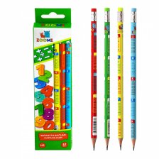 Набор ч/г карандашей, Zoomi HB, дерево, с ластиком, круглый, заточенный, яркий корпус, европодвес, в наборе 12 шт., 4 дизайна, "Таблица умножения"
