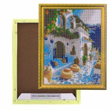 Алмазная мозаика Alingar, на подрамнике,  дизайн рамка, 30х40 см, "Терраса с бело-синей плиткой"