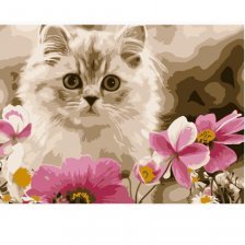 Картина по номерам Рыжий кот, 22х30 см, с акриловыми красками, холст, "Пушистый котик в цветах"