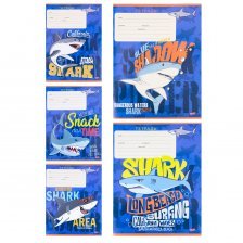 Тетрадь 12л., линия, Проф-Пресс, скрепка, офсет, мелован. картон "Атака акул", 5 дизайнов в спайке