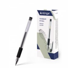 Ручка гелевая Alingar, 0,5 мм, черная, пулевидный наконечник, резиновый грип, круглый, прозрачный, пластиковый корпус, 12 шт/уп, карт. уп.