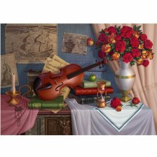 Алмазная мозаика Рыжий кот, без подрамника, на картоне, с частичным заполнением, (клас.), 30х40 см, 30 цветов "Натюрморт со скрипкой"