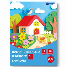 Набор А4  цв. мел. одностор. картона 10 л.10 цв. и белого мел. одностор. картона 10 л., Alingar "Домик в саду", картонная папка, пакет с клапаном