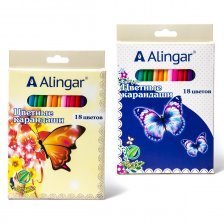 Карандаши цветные Alingar 18 цв., "Бабочки" деревянные, трехгранные, заточенные, грифель 3.0 мм, картон. уп., европод.
