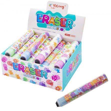 Ластик Yalong "Монстрики", синтетический каучук, ПВХ, цилиндрический, цвет ассорти, 105х15 мм, картонная упаковка фото 1