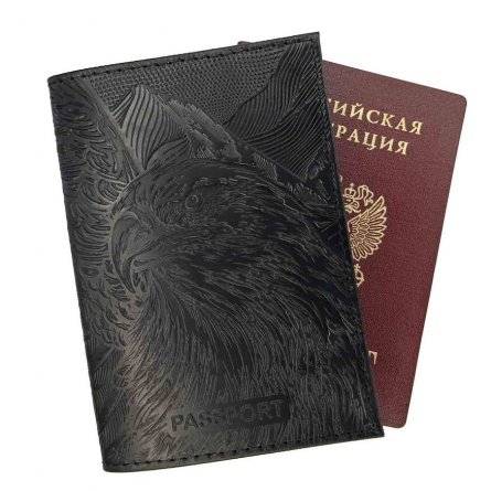 Обложка для паспорта, натур. кожа, сплошное тиснение,"Орёл" чёрный фото 1