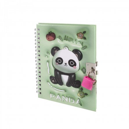 Подарочный блокнот 11,0 см * 15,0 см, гребень, Alingar, ламин, эффект 3D, замочек, клетка, 46 л., "Панда", зеленый фото 1